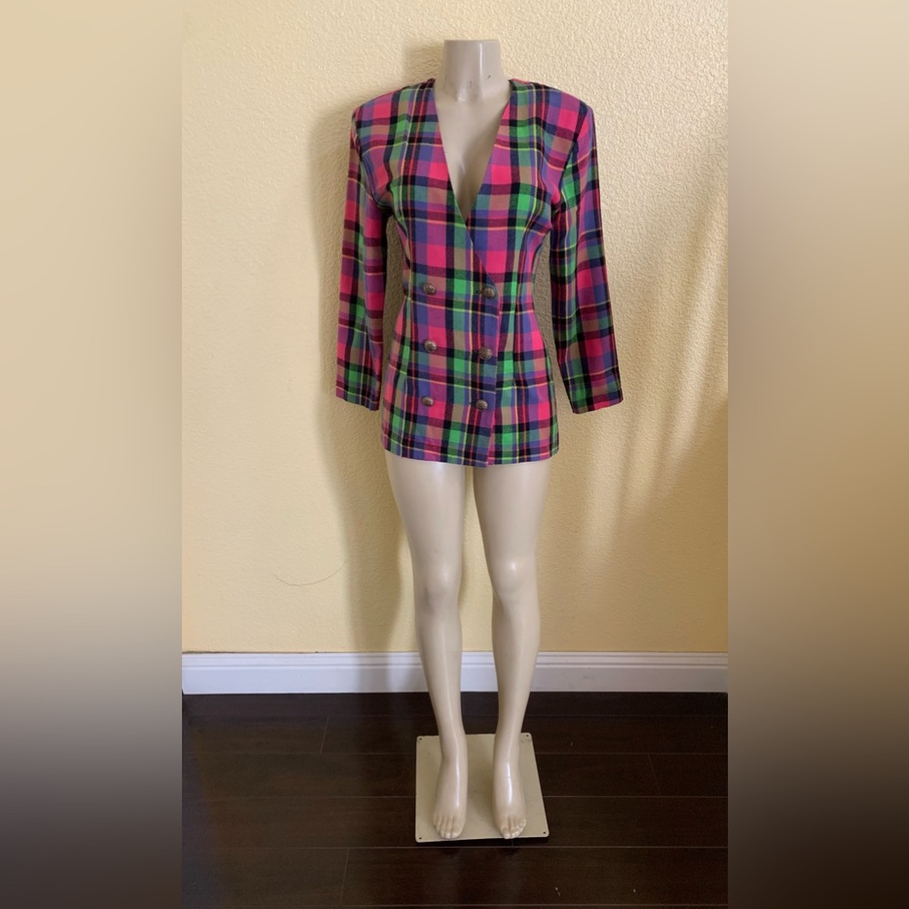 VTG G.S.L Size 6 Multicolored Plaid Double Breasted Blazer